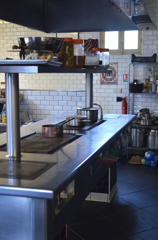 Commercial kitchen work areas and stainless steel equipment