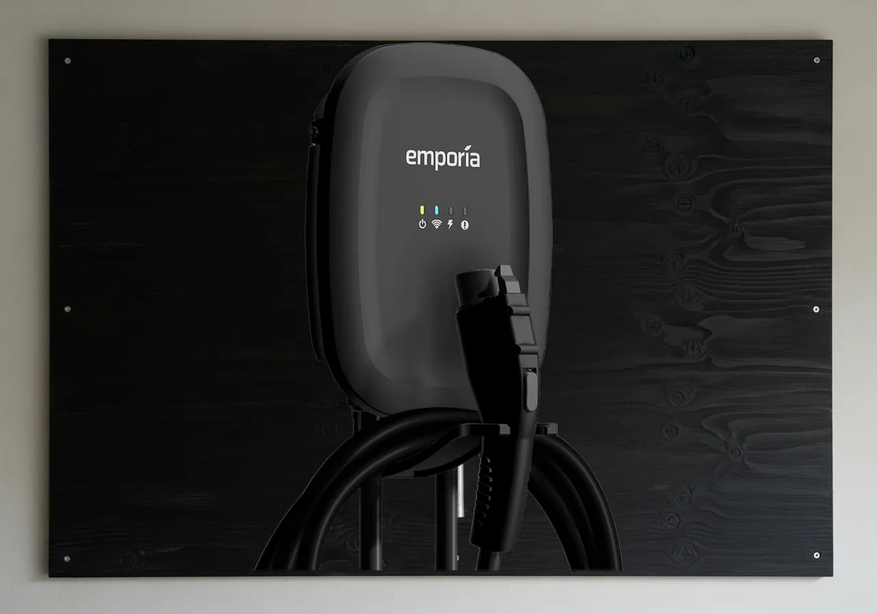 Emporia hardwired Level 2 EV charger on black plywood in a Toronto garage