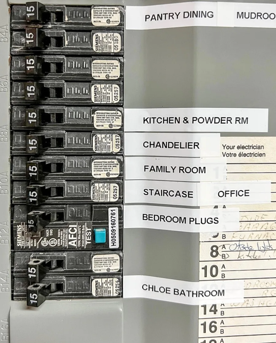 Clearly labelled breaker panel with a room-by-room circuit directory after a residential rewire in Toronto