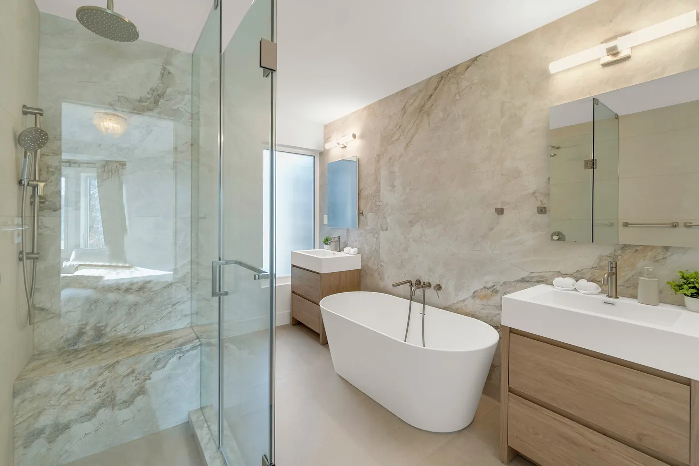 Finished bathroom after an electrical renovation with heated-floor wiring in a Kensington Market Toronto home.