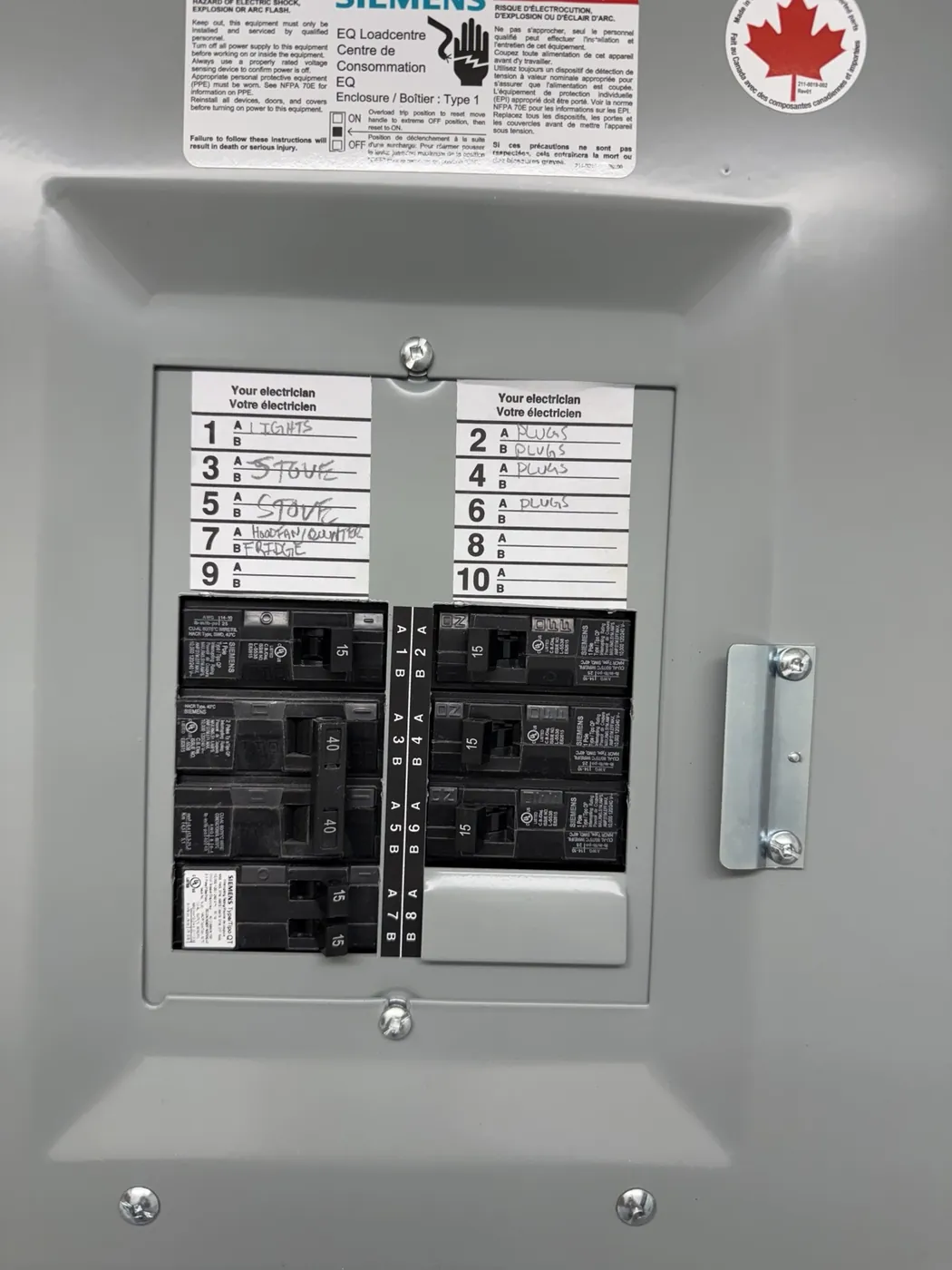 New Siemens breaker distribution panel serving an upgraded commercial tenant space in Toronto.